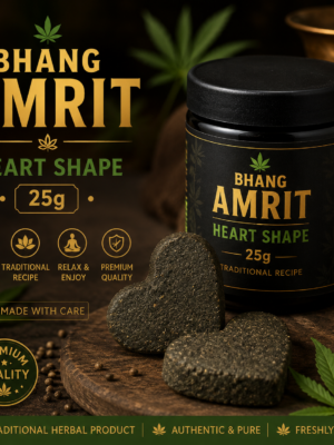 Bhang Amrit Heart Shape 25g traditional herbal product in a premium jar with heart-shaped pieces