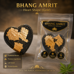 Bhanga Amrit Heart Shape (Gold) product image showing a gold-leaf-covered heart-shaped item and packaged pouch with quality claims