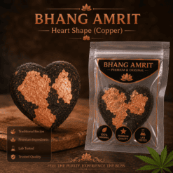 Promotional image for Bhang Amrit Heart Shape (Copper) with product package and heart-shaped item, labeled premium and lab tested